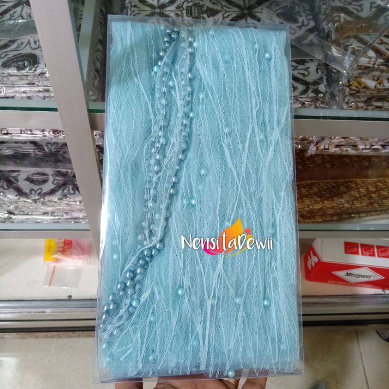 KERUDUNG PENGANTIN / VEIL MUTIARA MOTIF AKAR / VEIL MUTIARA POLOS / VEIL PENGANTIN-Biru Wardah (Akar)