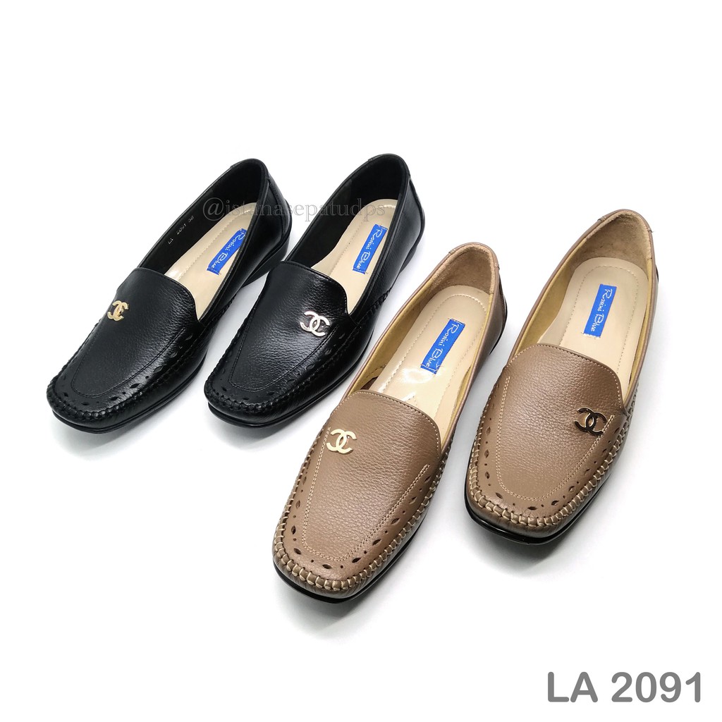 Sepatu Kulit Wanita Flat Shoes Cewek Rosini Blue LA 2091, Hitam & Coklat, 3cm