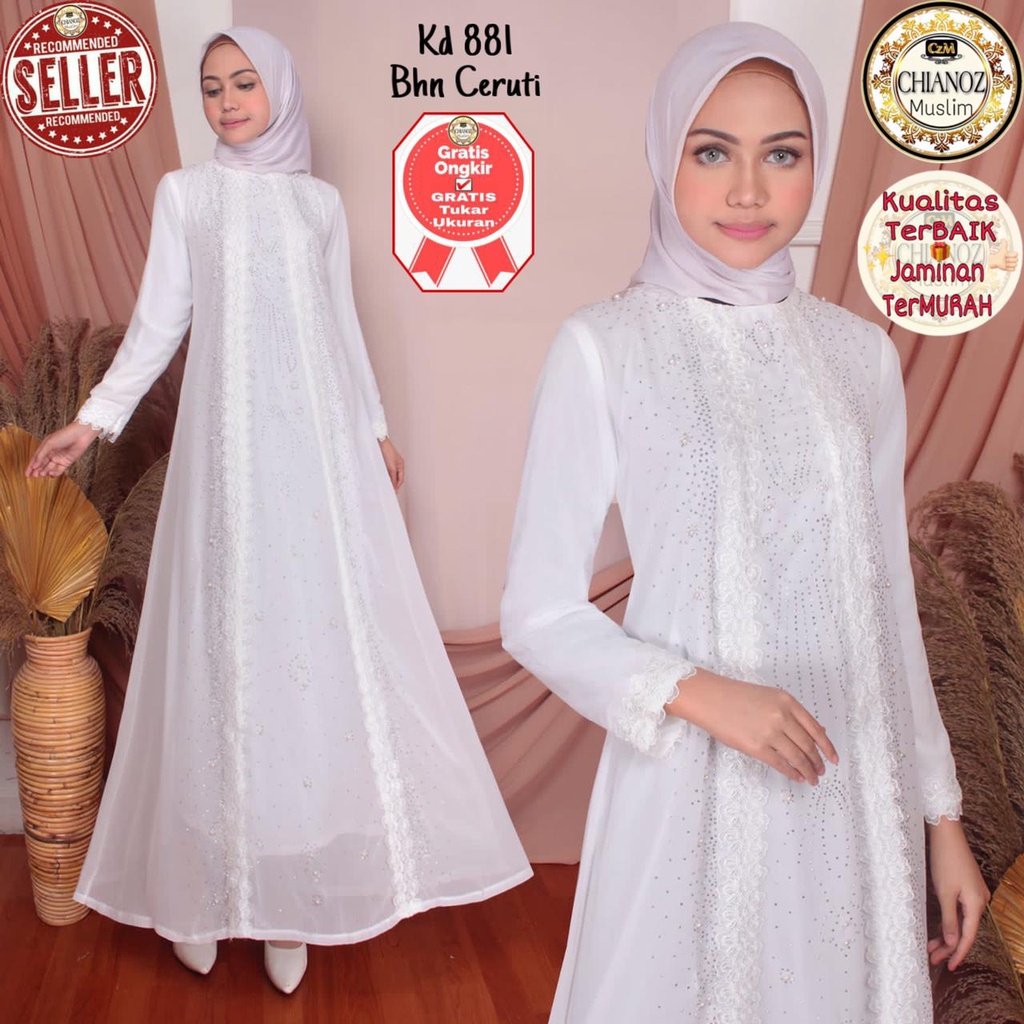 CHIANOZ Gamis Putih Mewah Serena Dress Brukat Renda Baju Lebaran Umroh Haji Manasik Pesta Akad 881