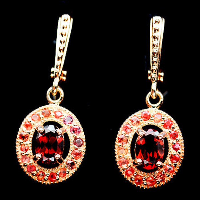 Batu Natural Orange Sapphire & Red Garnet Anting Perak 925 Lapis Emas