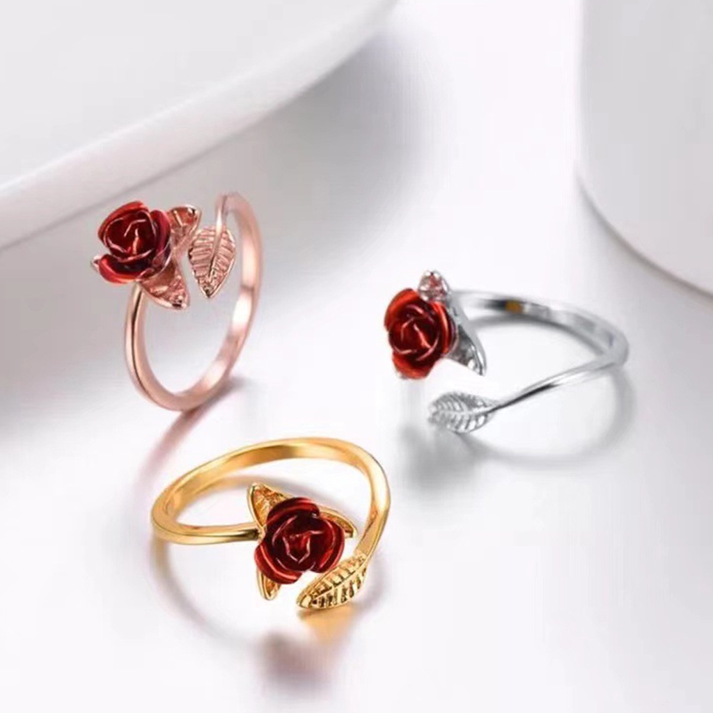 Hu Hu Hu Hu Hu Alat Bantu Pasang Kacamata♡ Cincin Wanita Model Terbuka Adjustable Desain Bunga Mawar Merah + Daun Untuk Valentine