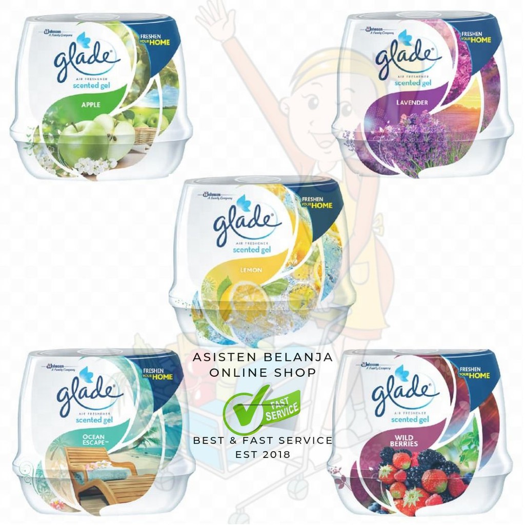 GLADE Scented Gel 180g 180gram Pengharum Pewangi Ruangan Udara Air Freshener Parfum Ocean Escape Lavender Wild Berries Lemon Apple Elegant vanilla Oudwood Oud wood Exotic Tropical Blossom