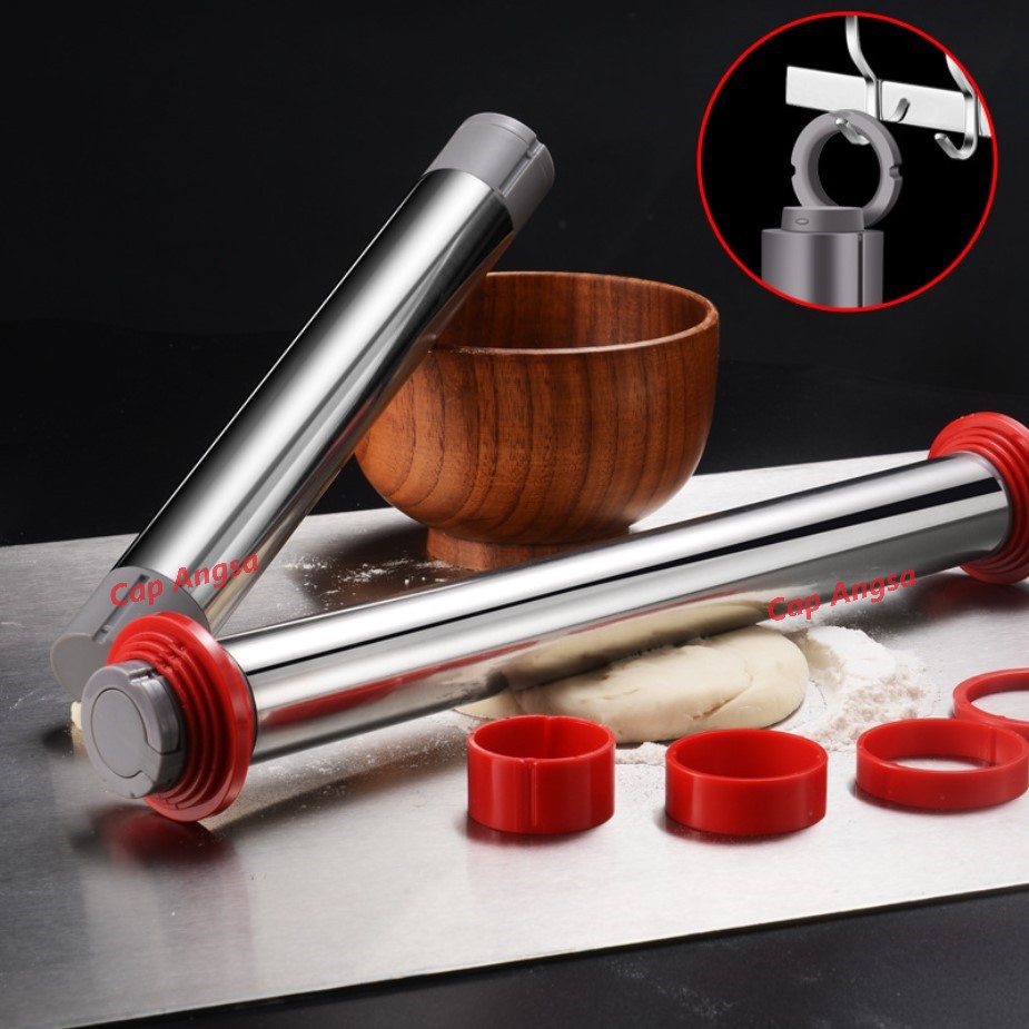 ROLLING PIN ADJUSTABLE THICKNESS STAINLESS STEEL 4 SIZE GILINGAN PENGGILING GILASAN ADONAN KUE ROTI