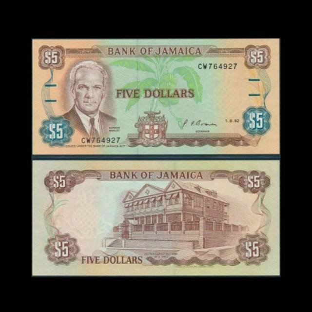 UANG ASING JAMAICA 5 DOLLAR 1992 UNC ORIGINAL BANKNOTE NORMAN MANLEY