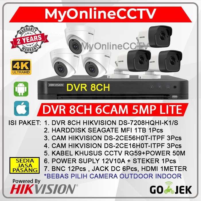 PAKET CCTV HIKVISION 6 KAMERA 5MP LITE DVR 8 CHANNEL