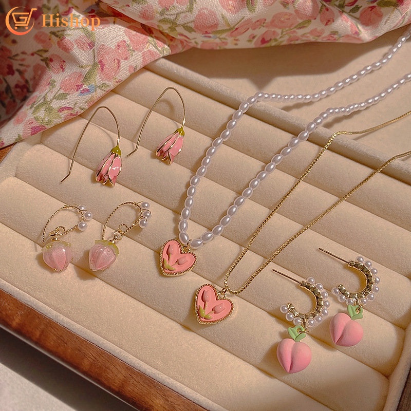 Anting Dan Kalung Rantai Liontin Hati Tulip Peach Warna Pink Gaya Korea Untuk Wanita