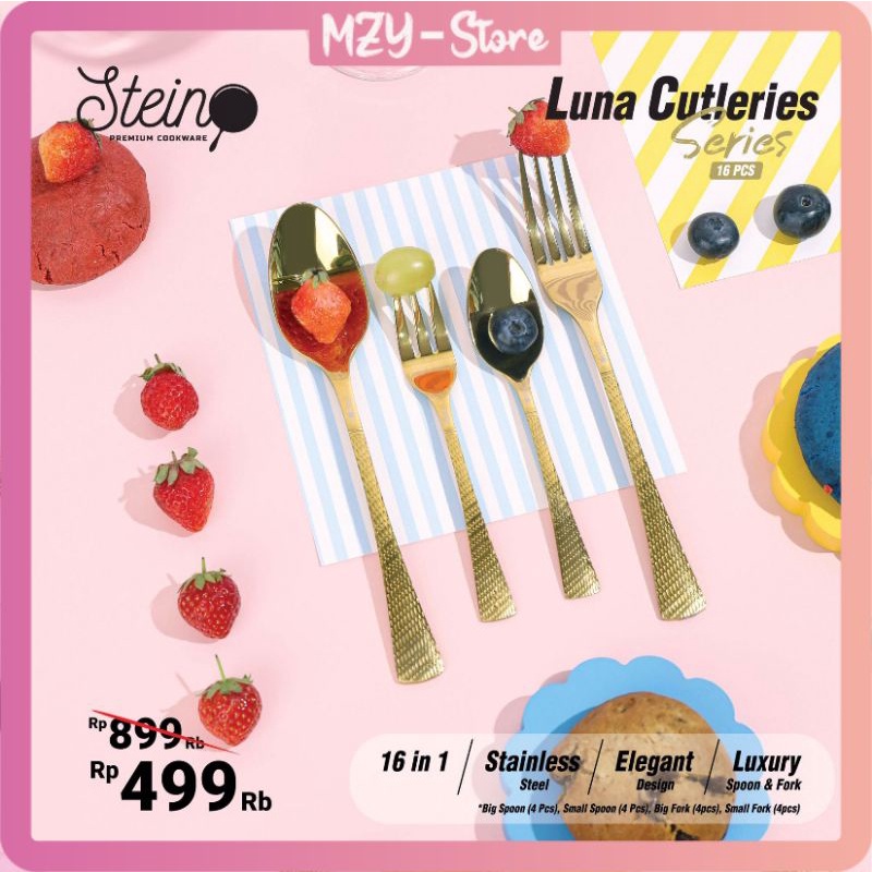 (3x FREE) Stein Luna Cutleries Steincookware Set 16 Pcs Sendok Garpu Set Stainless Steel Alat Makan - Original