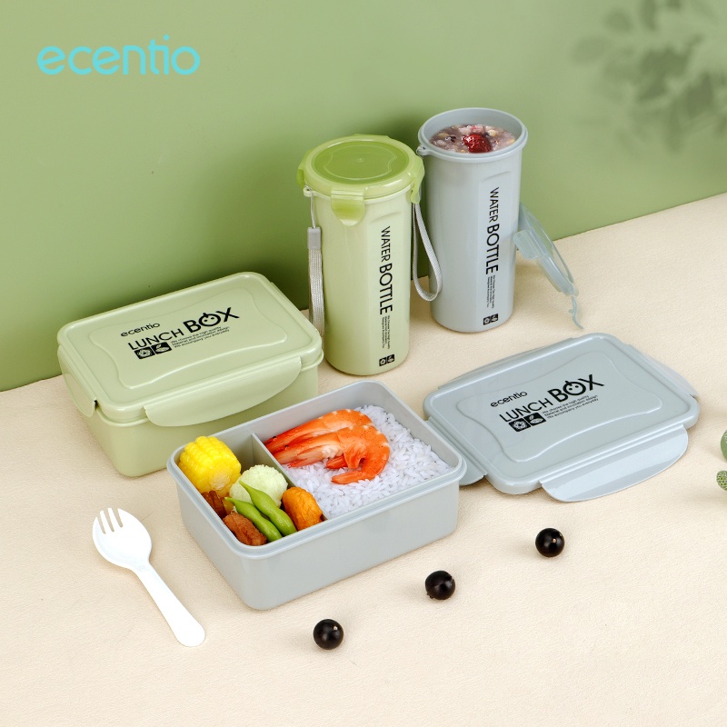 ecentio &amp; FOODI unch box anak set botol tas 3 pcs/tempat makan anti tumpah 2 Sekat 1100ml/1400ml/tas bekal makanan aluminium foil/botol minum 500ml/Free Sendok