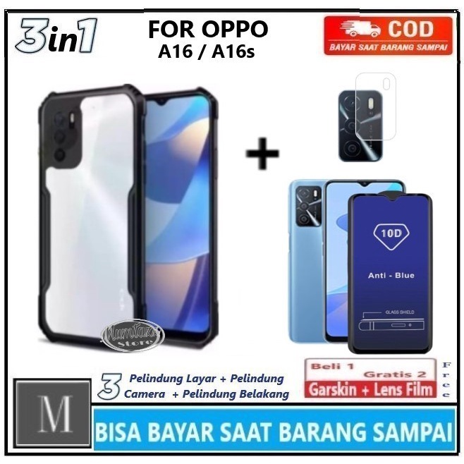 Paket 3in1 Case Oppo A16 A16s Casing Transparan + Anti Gores Kaca Full Layar + Anti Gores Kamera Sof