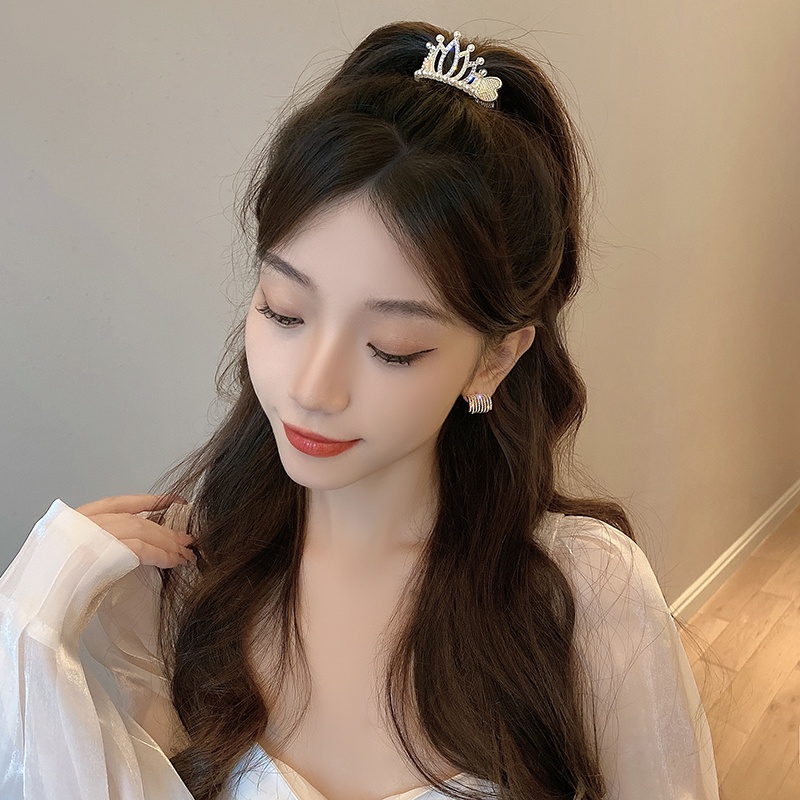 Glitter Berlian Mutiara Mahkota Jepit Rambut Wanita Ponytail Memperbaiki Klip Aksesoris Rambut Korea