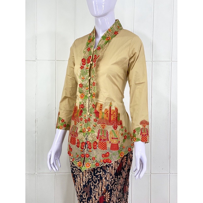 OSW03 - Daliyu KEBAYA ONDEL BETAWI ENCIM KARTINI LENGAN PANJANG BORDIR Katun Stretch / M L XL XXL-Krem