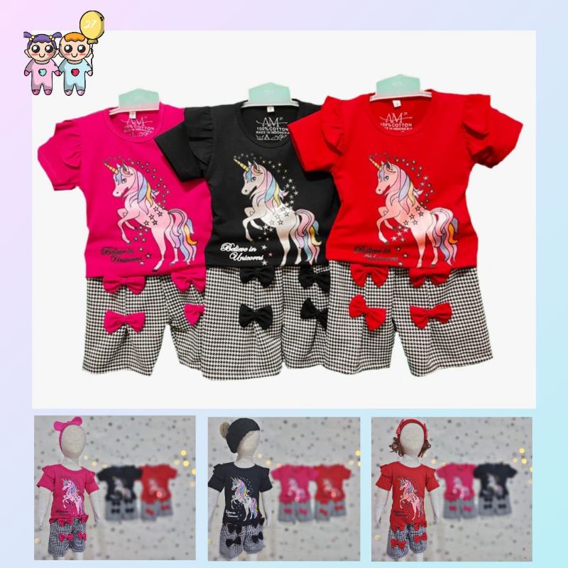 Setelan anak Perempuan &quot;Unicorn&quot; Size 1-5th bahan Ducati Katun Spandek Premium