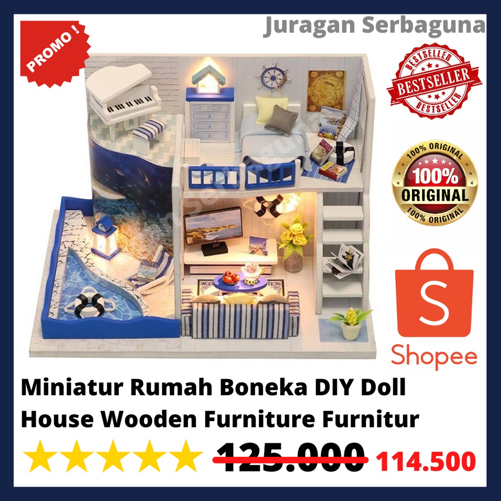 Miniatur Rumah Boneka DIY Doll House Wooden Furniture Furnitur - Biru