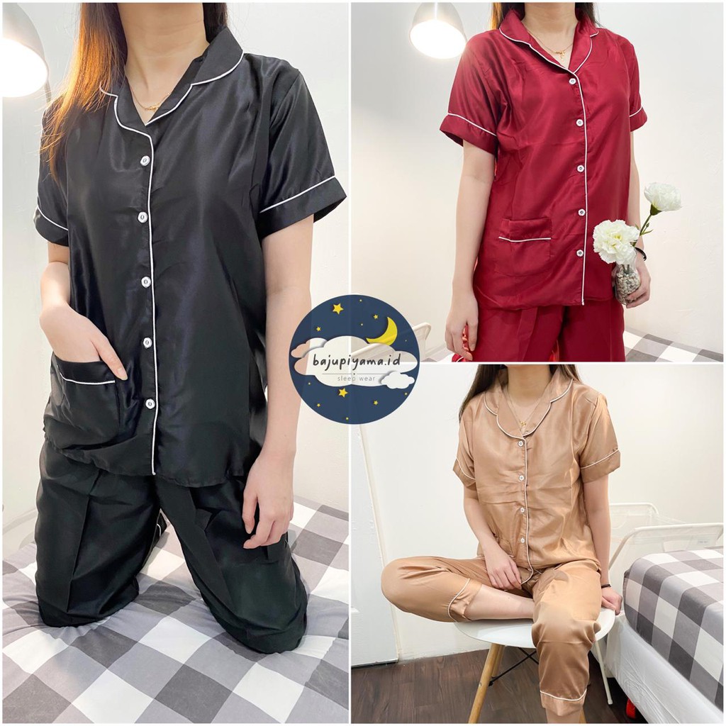 Piyama Baju Tidur Satin Polos / Baju Tidur Dewasa Satin Polos / Piyama Satin Polos