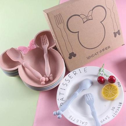 Baru Mangkok Piring Makan Anak Bayi Set Lucu Karakter Free Sendok Dan Garpu - Pink