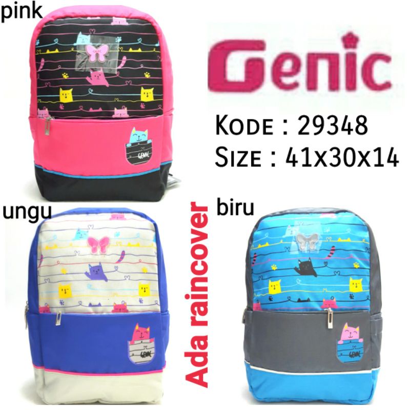 TAS RANSEL SEKOLAH ANAK MOTIF LUCU GENIC TERBARU Ada Raincover 3Warna Pink Ungu Biru