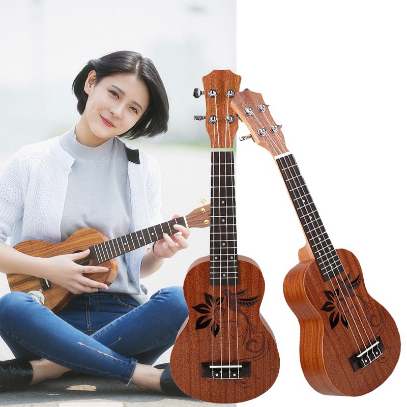 (Gratis Ongkir) bobo Ukulele Soprano Bahan Kayu Warna Coklat Motif Bunga / Burung