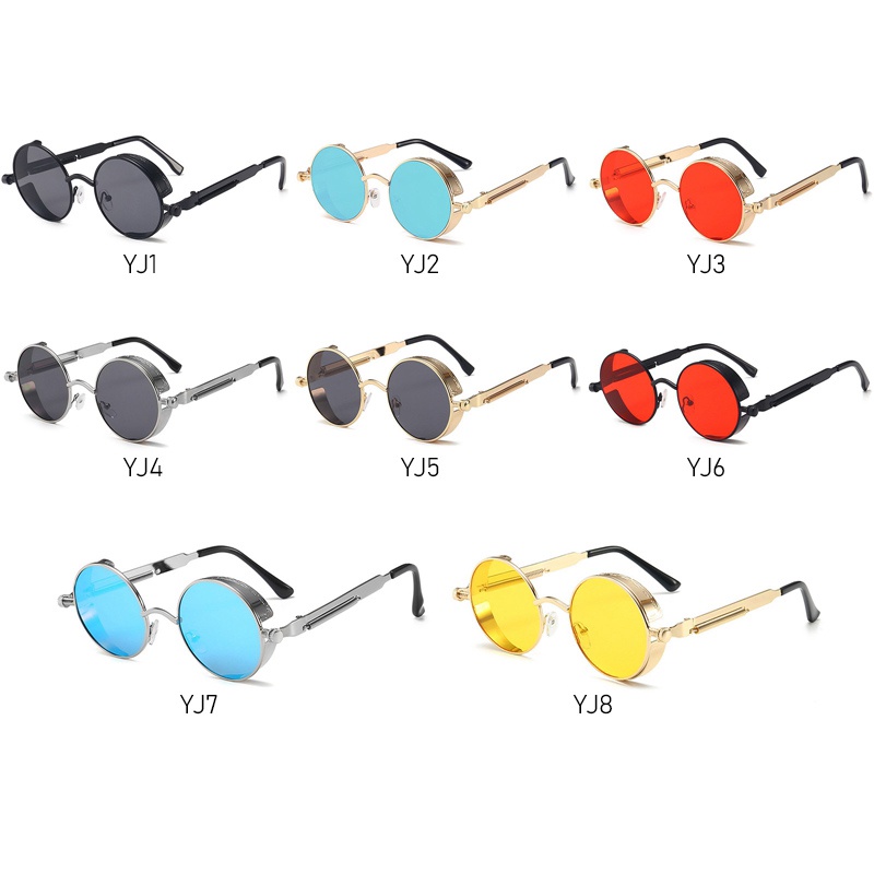 Kacamata Hitam UV400 Bingkai Bulat Bahan Logam Gaya Retro Klasik Gothic Steampunk Untuk Pria Dan Wanita