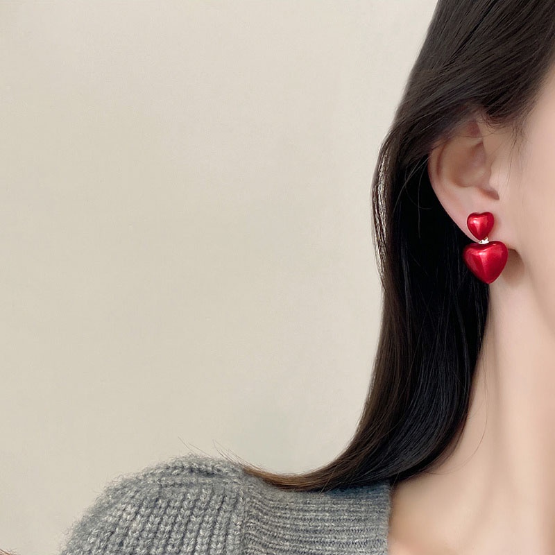 Anting S925 silver needle Bentuk Hati Warna Merah