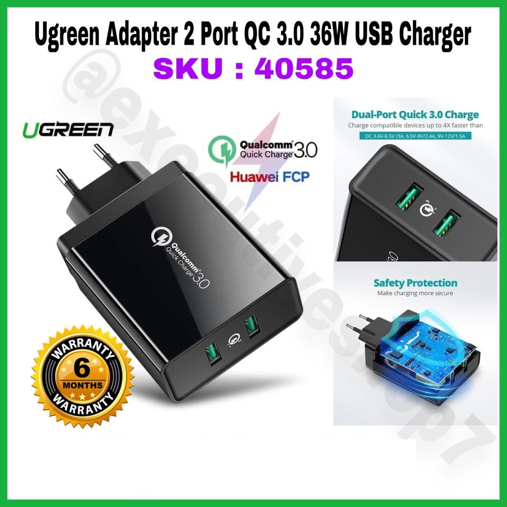 Ugreen Adapter 2 Port Qc 3.0 36W USB Charger SKU : 40585