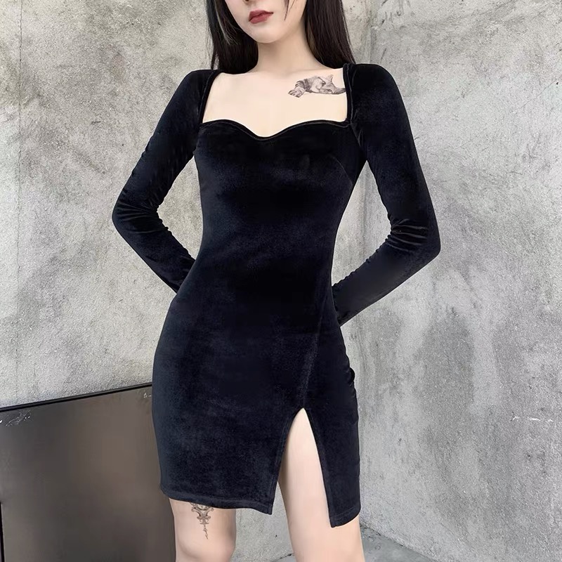 [Goth Story] Long Sleeve Velvet Bodycon Mini Dress Beludru Wanita Lengan Panjang 8643 (S/M/L)