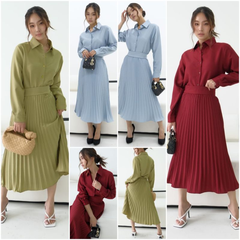 ❣️SPECIAL PRICE ♡ PREMIUM ♡ ORIGINAL ! SAPHIRE 2 IN 1 SET LONG SLEEVE SHIRT +  PLISKET PLEATED MIDI atau MAXI FLARE SKIRT / SETELAN KEMEJA LENGAN PANJANG &amp; ROK PLISKET RAMPLE ( HIJAB &amp; BUSUI FRIENDLY )