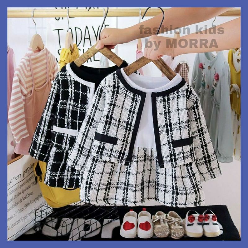 Dress Bayi Perempuan Square Black & White Jaket / baju dress rompi anak perempuan impor