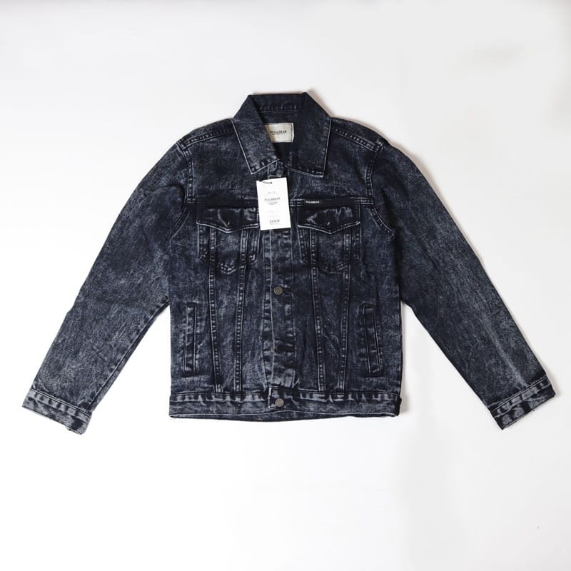 JAKET JEANS PRIA PULL&amp;BEAR BLACK SNOW ACID JACKET DENIM SLIM PULLANDBEAR P&amp;B PULL &amp; BEAR  PREMIUM