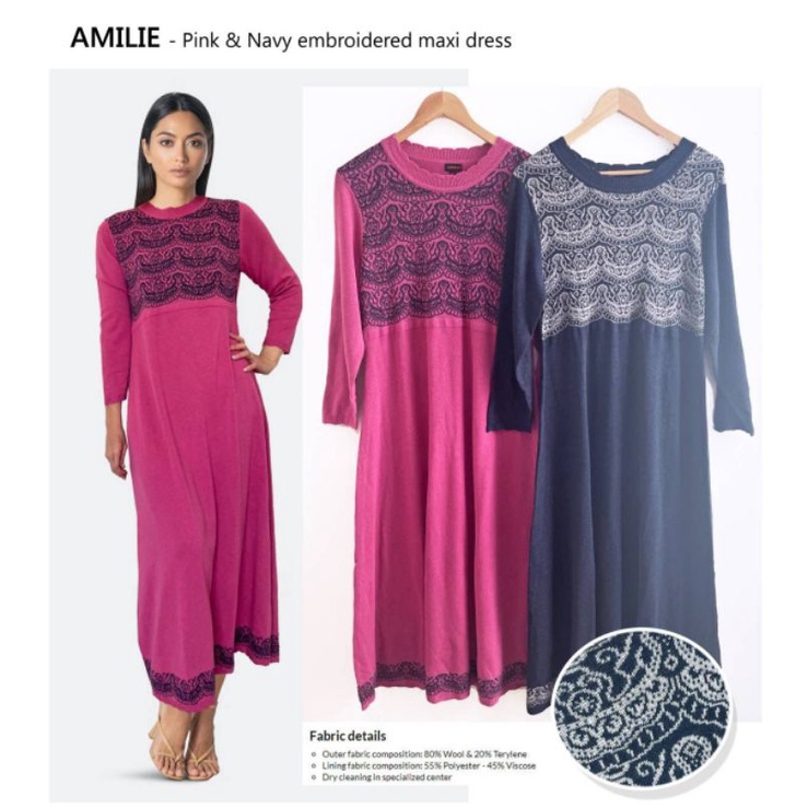 Ameli pink n navy embroidered knit maxi dres