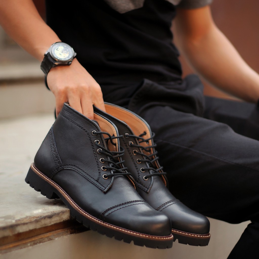 Acoustic Black | Sepatu Kulit Asli Safety Boot Vintage Klasik Besi Original Footwear | FORIND x Reyl