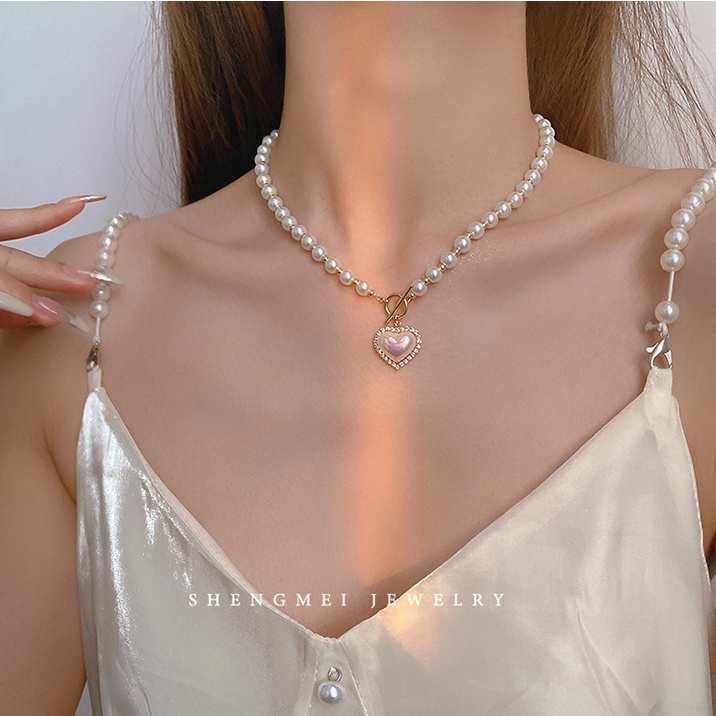 YEEZII Kalung Rantai Choker Liontin Hati Warna Emas Aksen Mutiara Gaya Elegan Romantis Untuk Wanita