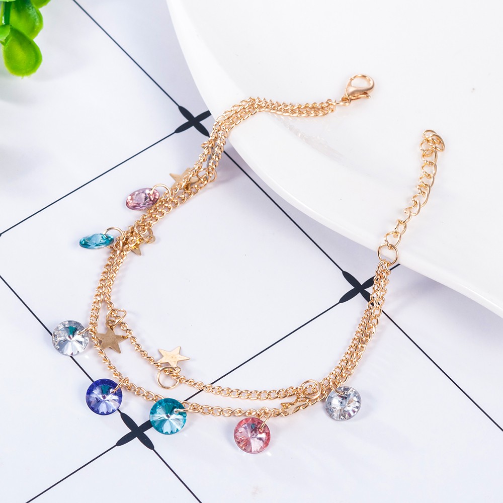 【COD Tangding】Colorful Crystal Star Anklet Fashion Women Double Layer Feet Ankle Chain