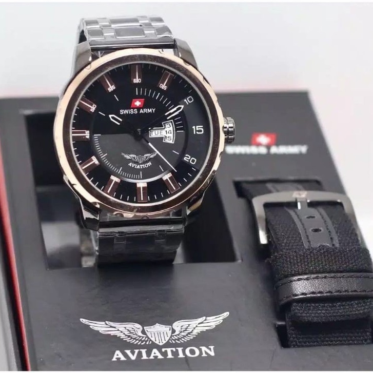 bisa COD Best Seller  Jam Tangan Pria Swiss Aviation S275 Elegan Tali Rantai Stainless Include Box O