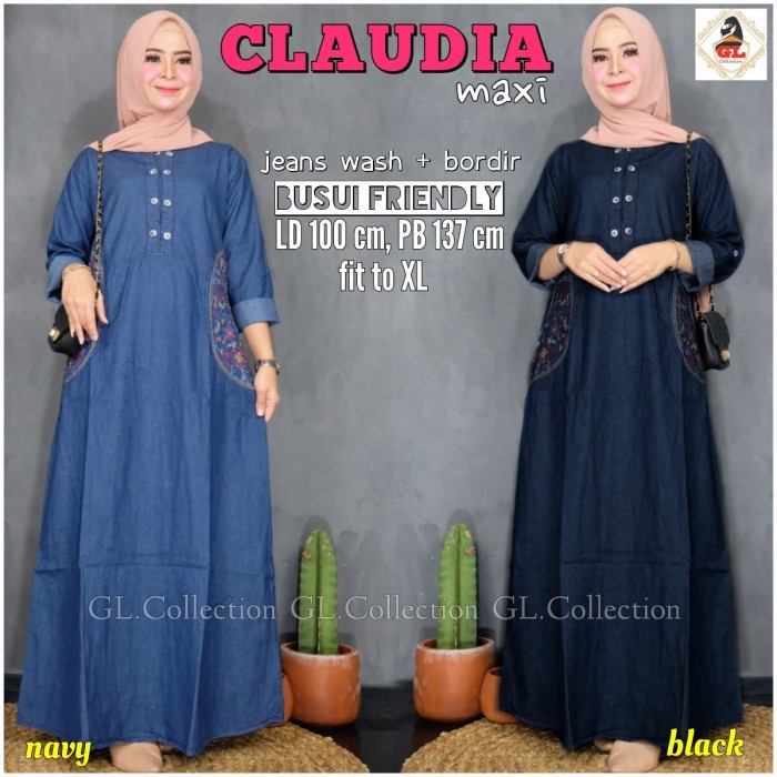 NEW CLAUDIA MAXI GAMIS LONGDRESS JEANS WASHED BORDIR ORI BUSUI MODIS