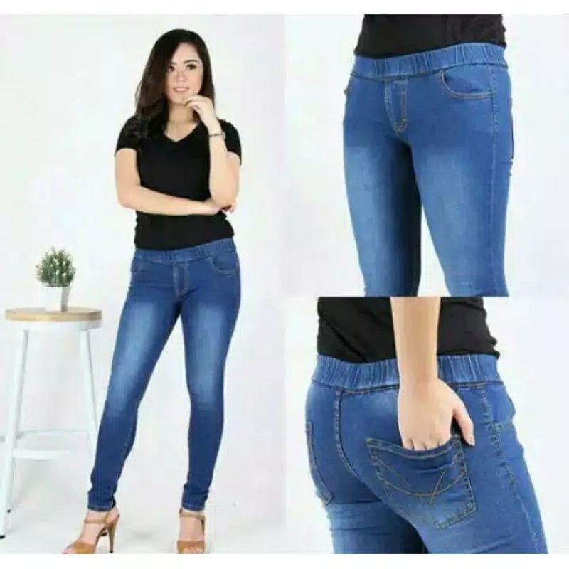 CELANA JEANS WANITA PINGGANG KARET JEGGING LEGGING JEANS PANJANG