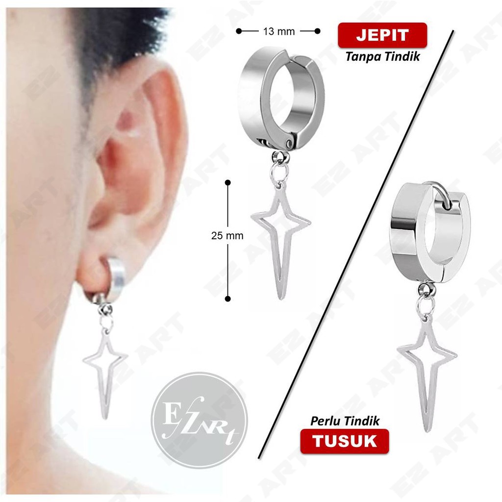 1Pc ANTING PRIA / WANITA MODEL JEPIT / TUSUK GANTUNGAN BINTANG HOLLOW STAR STAINLESS STEEL PUNK BTS