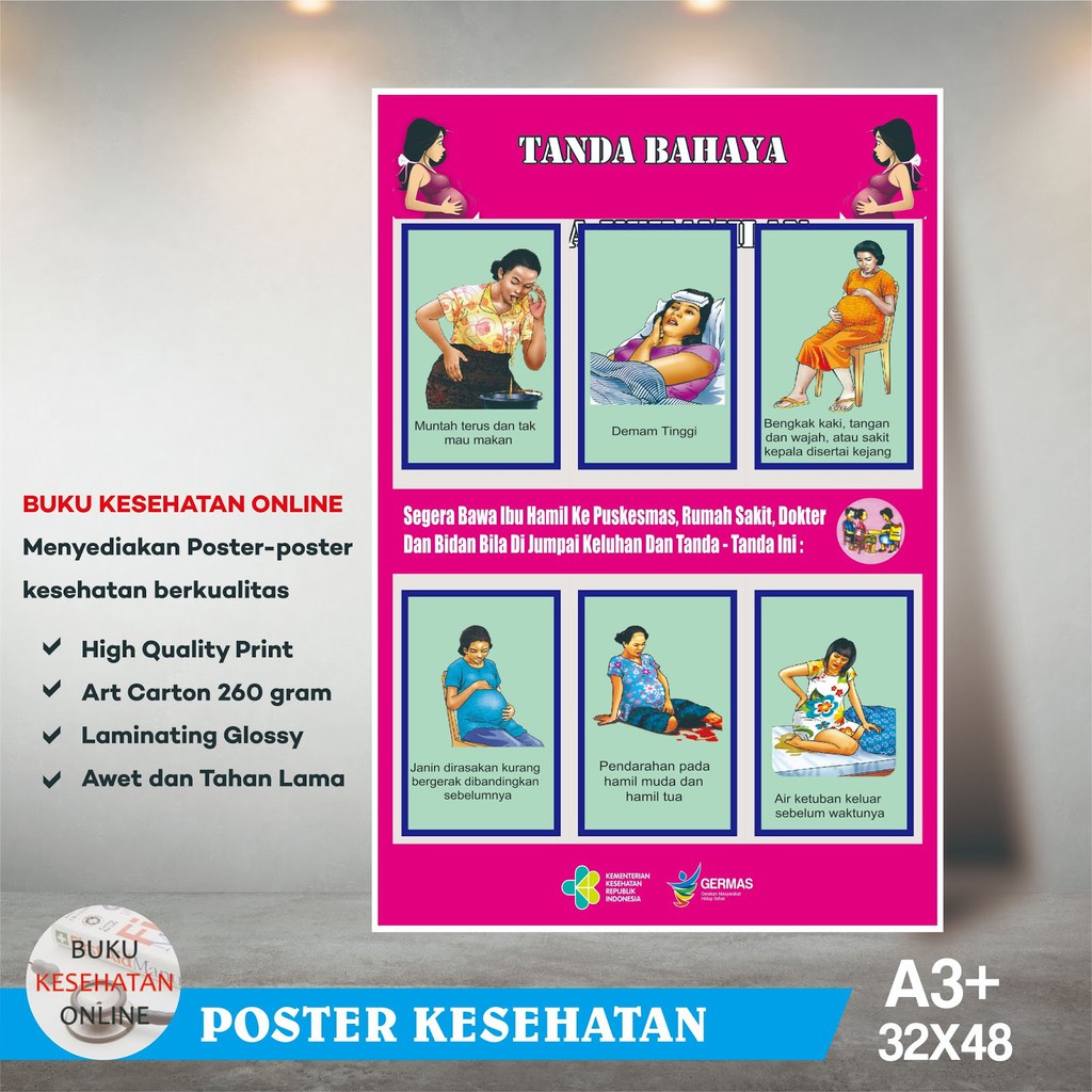 Jual Poster Kesehatan Tanda Bahaya Kehamilan Laminating Glossy