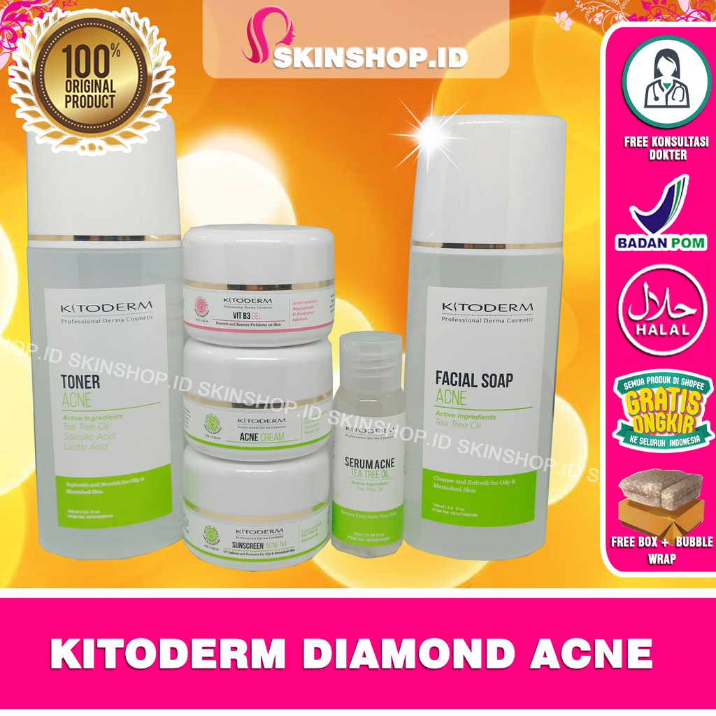 PAKET Kitoderm Diamond Acne Original / Paket Anti Jerawat &amp; Bruntusan isi 6 BPOM Aman