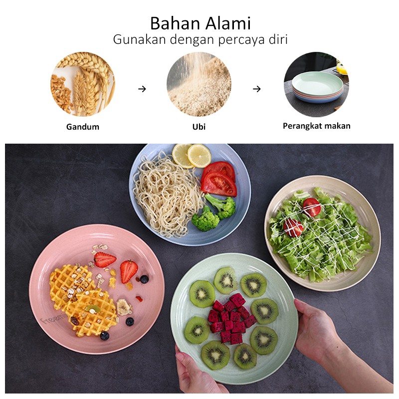 Piring Makan Isi 4 Saji Serbaguna Diameter 23 dan 25 cm Warna Pastel Bahan Wheat Straw Bulat Plate-5