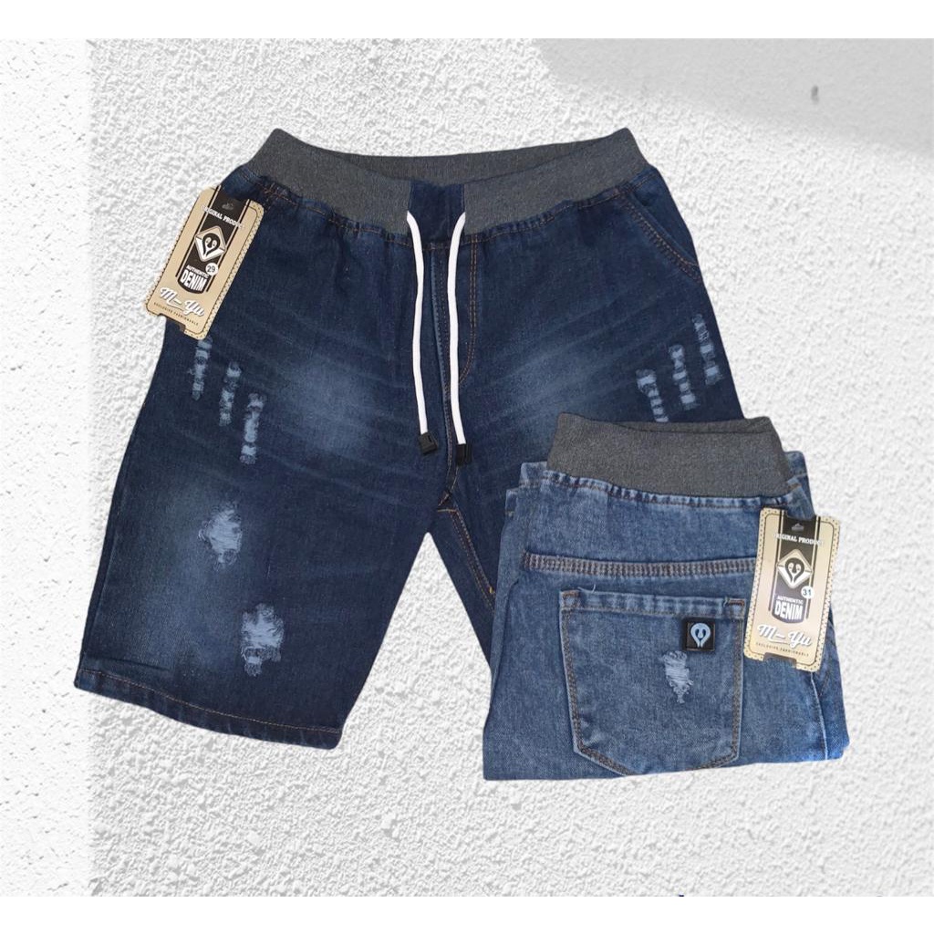 CELANA PENDEK PRIA JEANS KOLOR RIB PINGGANG KARET M-YU