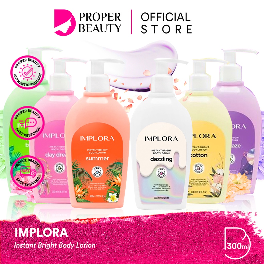 IMPLORA Instant Bright Body Lotion Indonesia / Skincare Facial Wash Essence Toner Serum Day Night Eye Cream Sunscreen Mask Masker / Lipstick Cheek Lip Tint Cream Matte Crayon Kutek Nail Polish Eyeliner Eyebrow Pensil Alis Hair Color TWC Urban / Paket Face