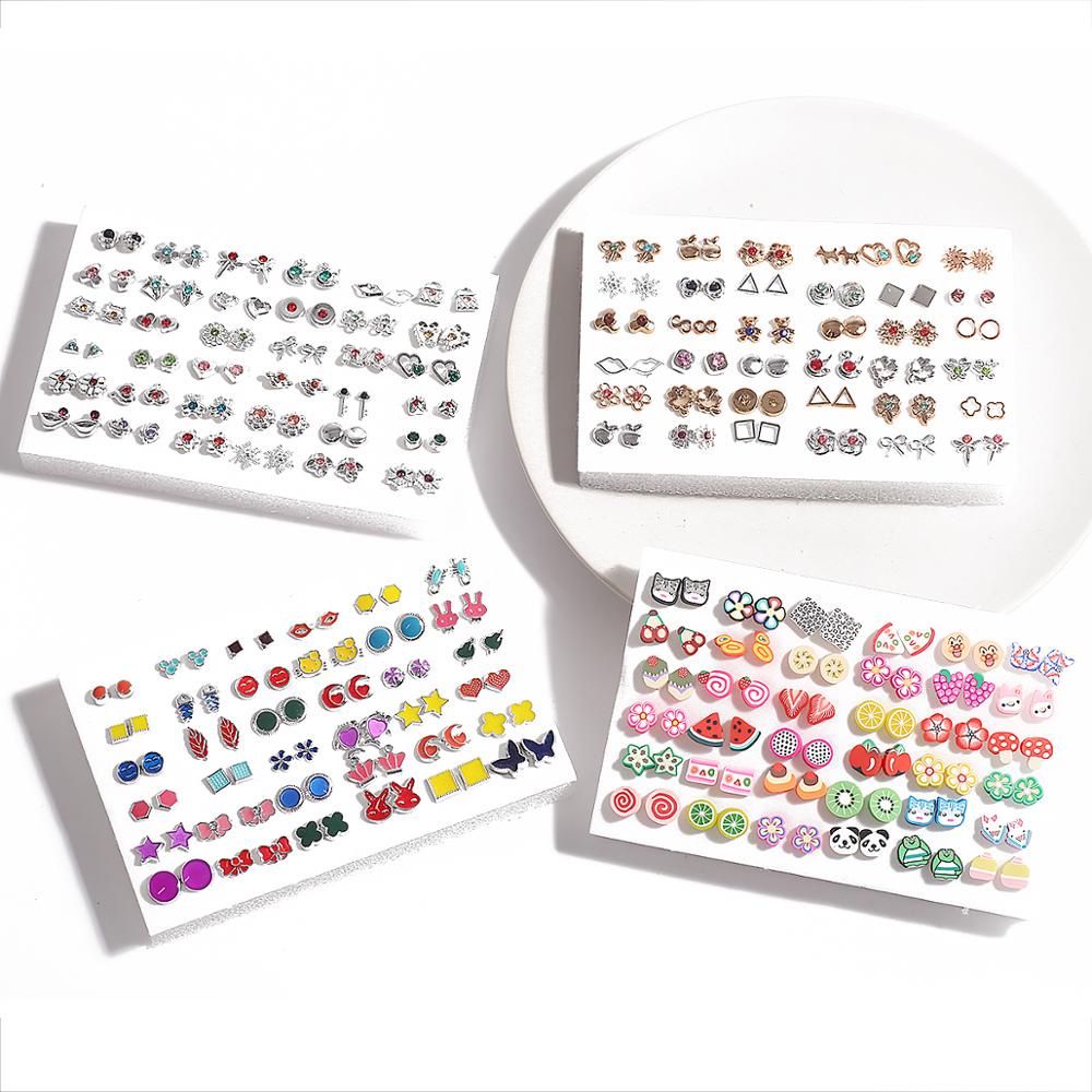 100pasang/lot Multi-Gaya Warna-Warni Buah Bunga Geometris Kristal Stud Anting Set Untuk Wanita Gadis Anting Plastik Perhiasan Hadiah