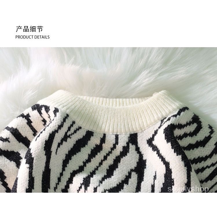 #Sisjuly# Gadis zebra pola leher bulat sweater longgar pria dan wanita musim gugur dan musim dingin