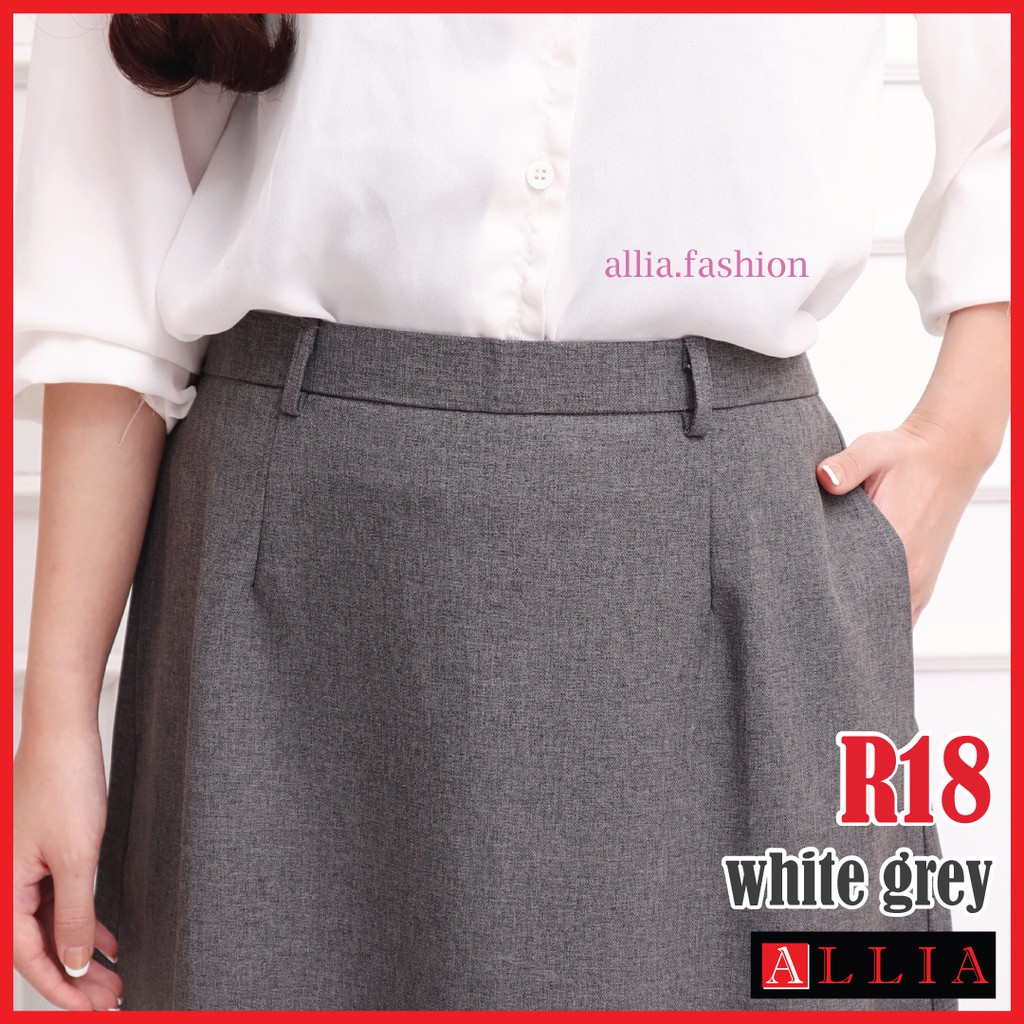 ALLIA R18 - White Grey - Rok A Line Wanita - Rok kerja wanita - Rok Payung - rok premium wanita