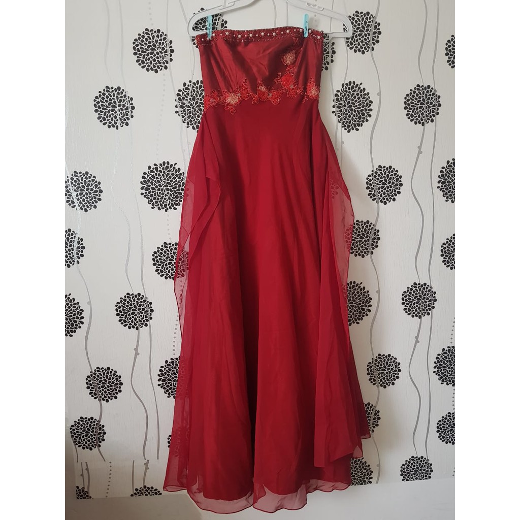 Dress Pesta Luire Merah Marun Motif Manik Manik Model Kemben Preloved