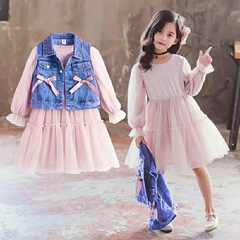 Set Anak Trada Denim / Dress Anak 2in1 / Baju Lebaran Anak Perempuan
