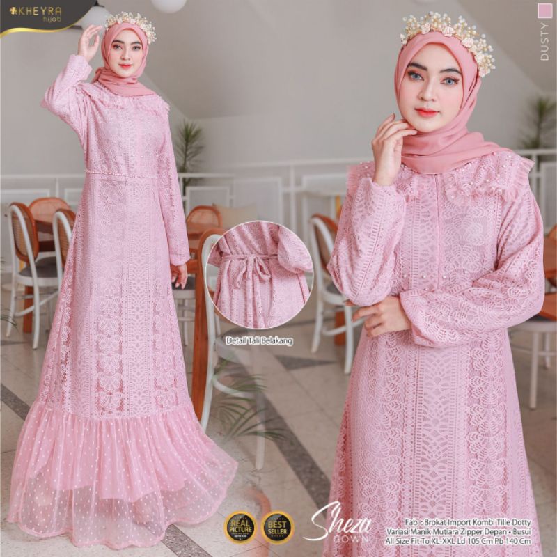 SHEZA GOWN DRESS BY KHEYRA / GAMIS POLOS BERBAHAN LACE BROKAT / GAUN MUSLIMAH / MAXY DRESS TERBARU
