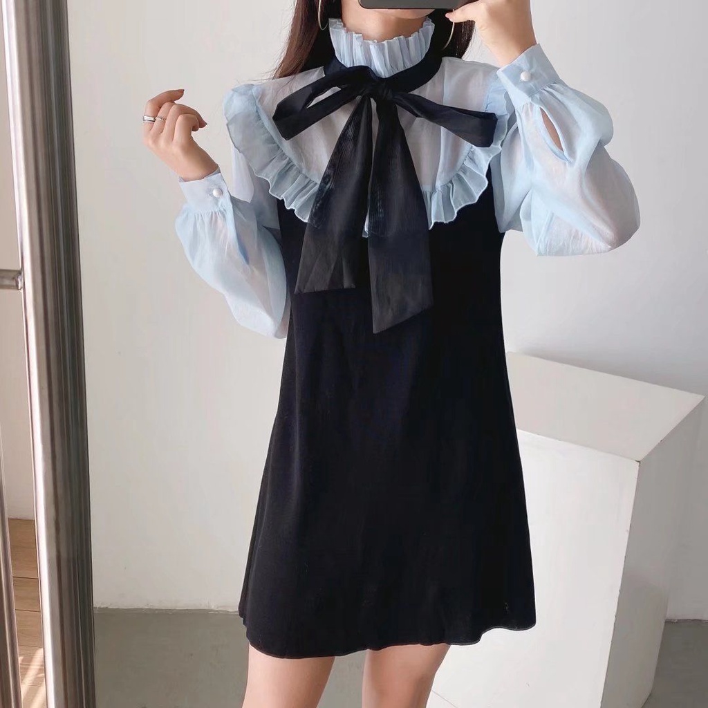 Dress Rajut Hitam Biru Kasual Lengan Panjang Import Gaya Korea 65427