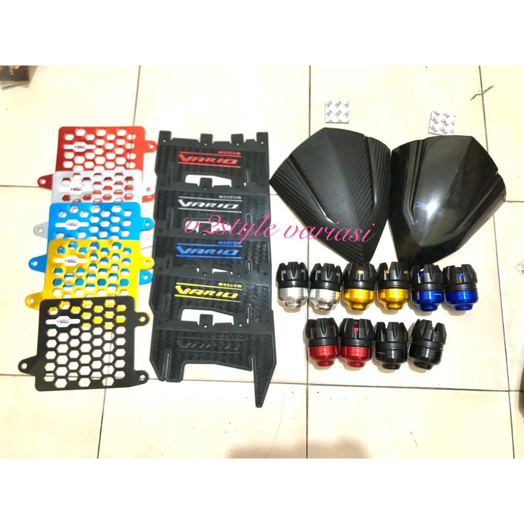 PAKET AKSESORIS 4IN1 VISOR VARIO 125 150 free lem 3m TUTUP COVER RADIATOR VARIO 125 150 LED ESP MUDFLAP VARIO 125 150 2015 2016 2017 2018 2019 JALU AS RODA FULL CNC JUMBO BESAR JALU NAGA WINSIL VARIO BETOK VARIO KARET PELINDUNG MESIN DINAMO THAILAND ORI