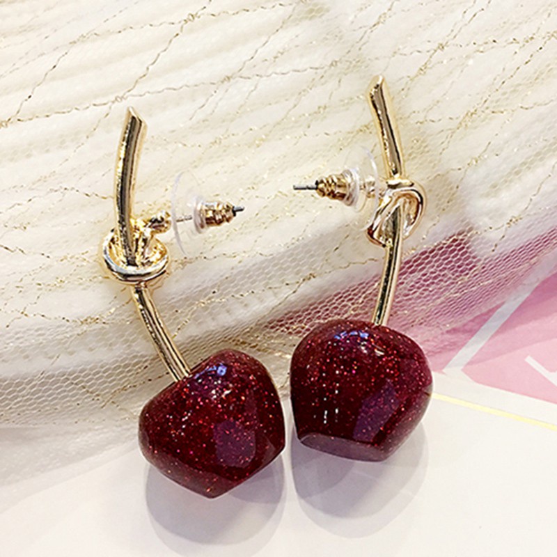 Anting Stud Panjang Desain Cherry Merah Bahan 925 Silver Needle Gaya Hipster Korea Untuk Wanita